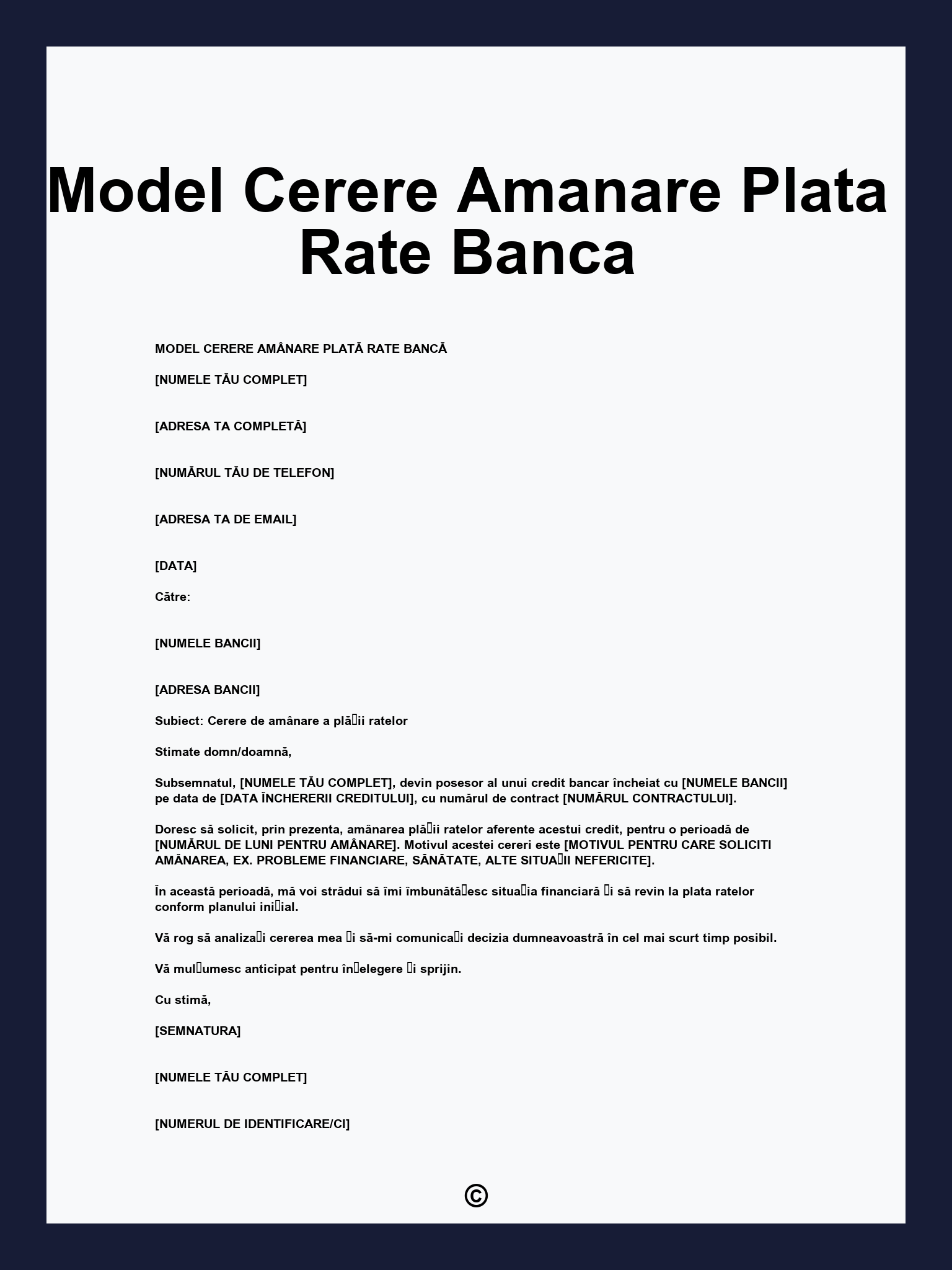 Model Cerere Amanare Plata Rate Banca