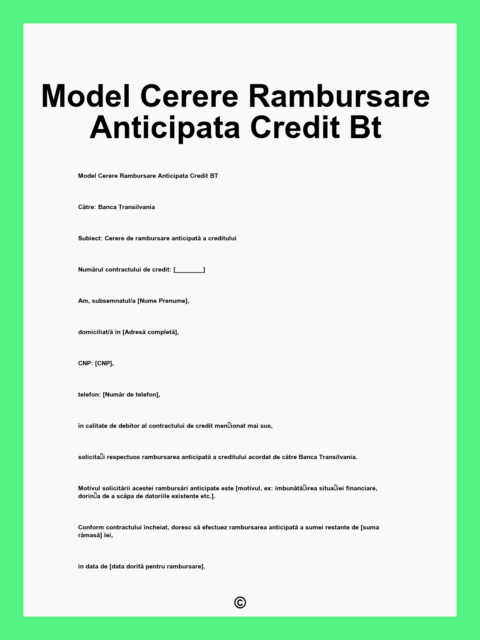 Model Cerere Rambursare Anticipata Credit Bt