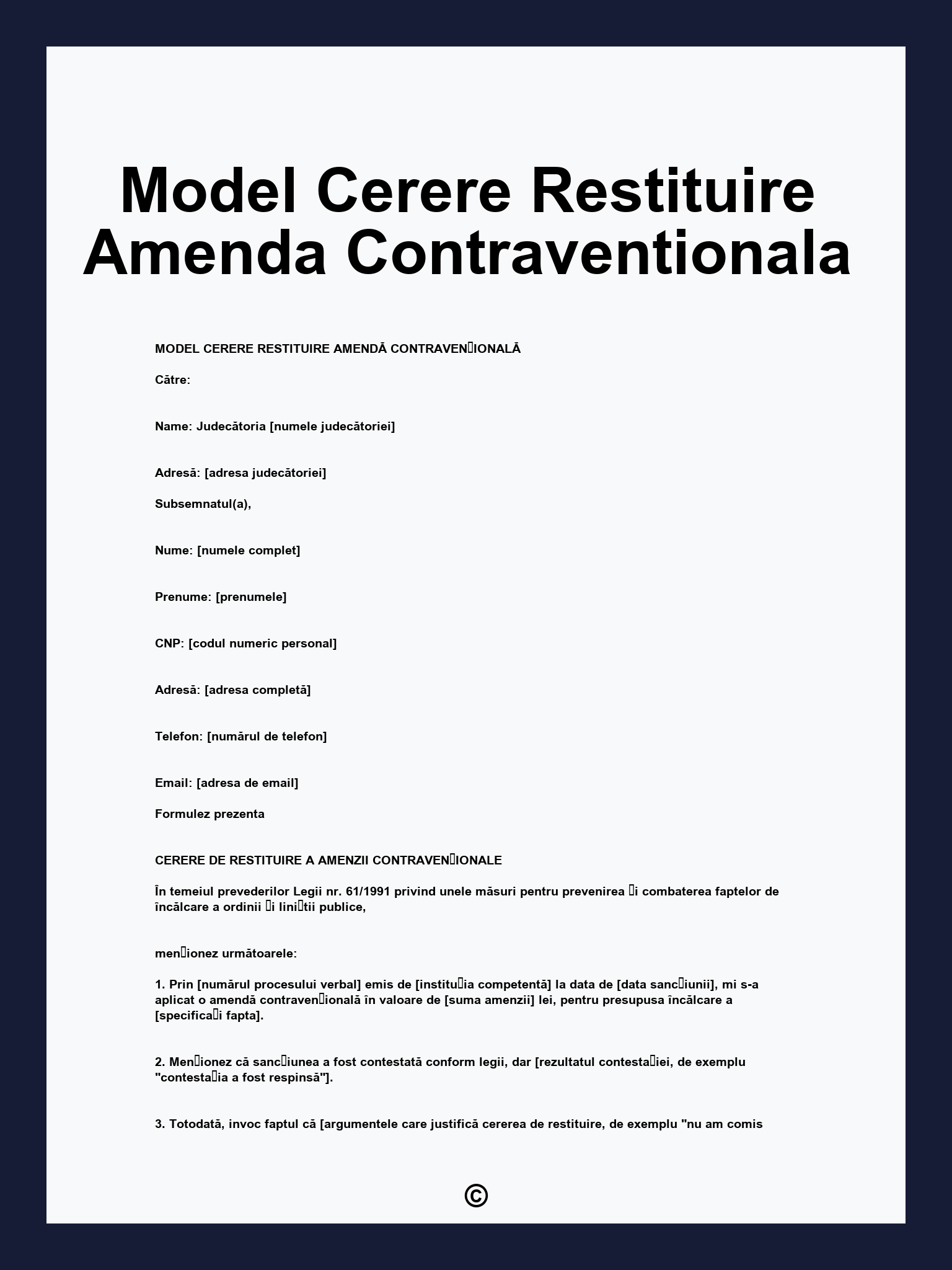 Model Cerere Restituire Amenda Contraventionala