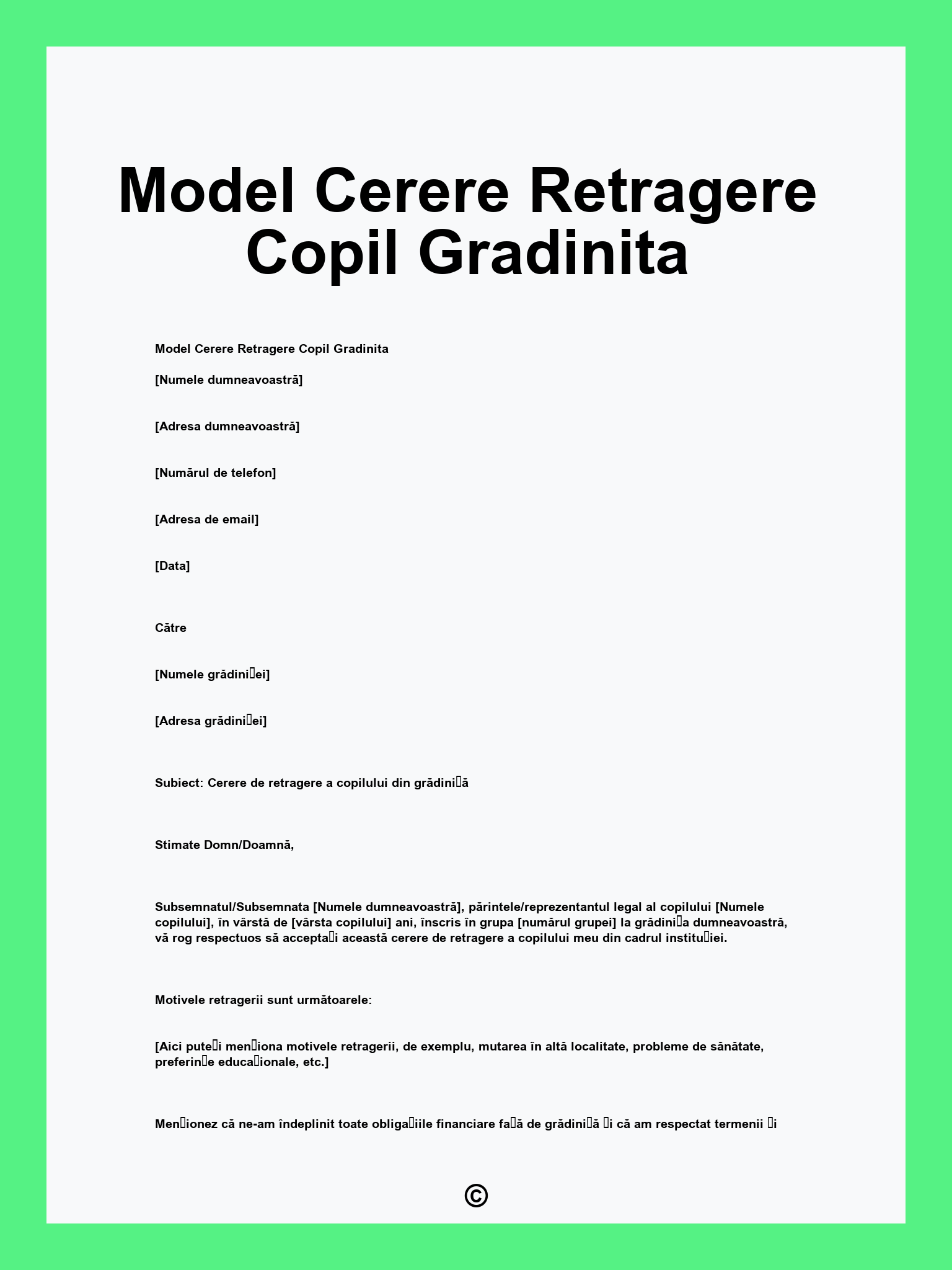 Model Cerere Retragere Copil Gradinita